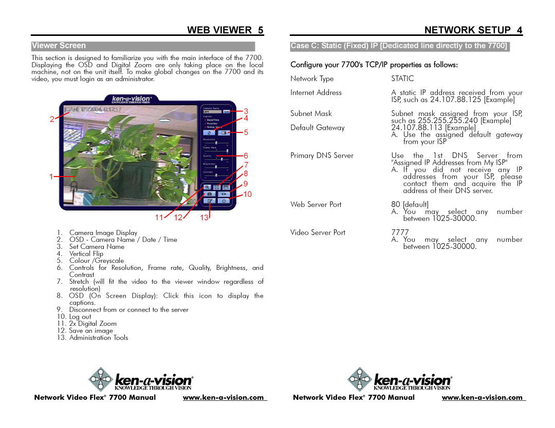 Ken-A-Vision 7700 instruction manual Web Viewer, Network Setup, Case C Static Fixed IP Dedicated line directly to the 