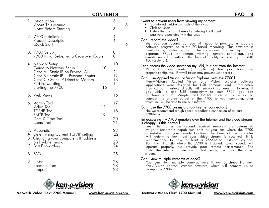 Ken-A-Vision 7700 instruction manual Contents 