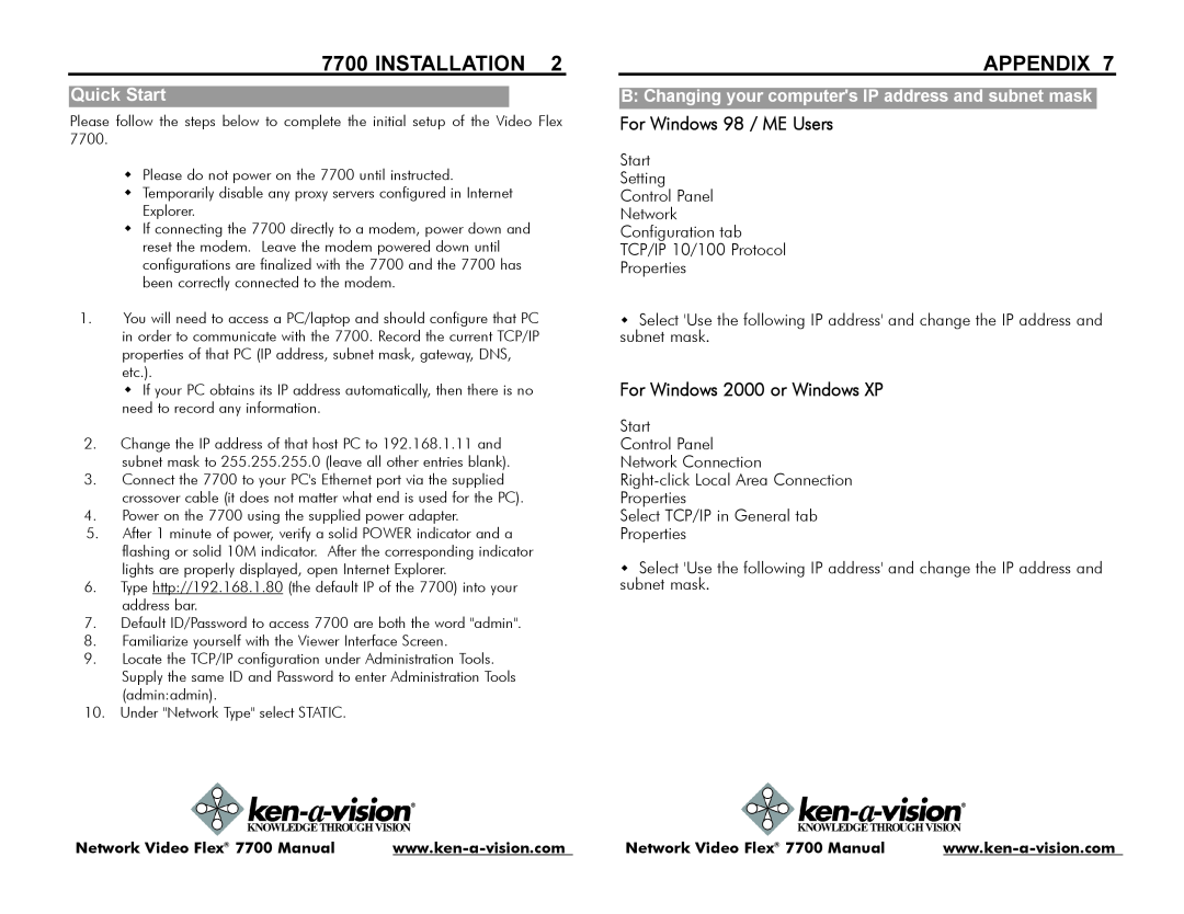 Ken-A-Vision 7700 instruction manual For Windows 98 / ME Users, For Windows 2000 or Windows XP, Installation, Appendix 