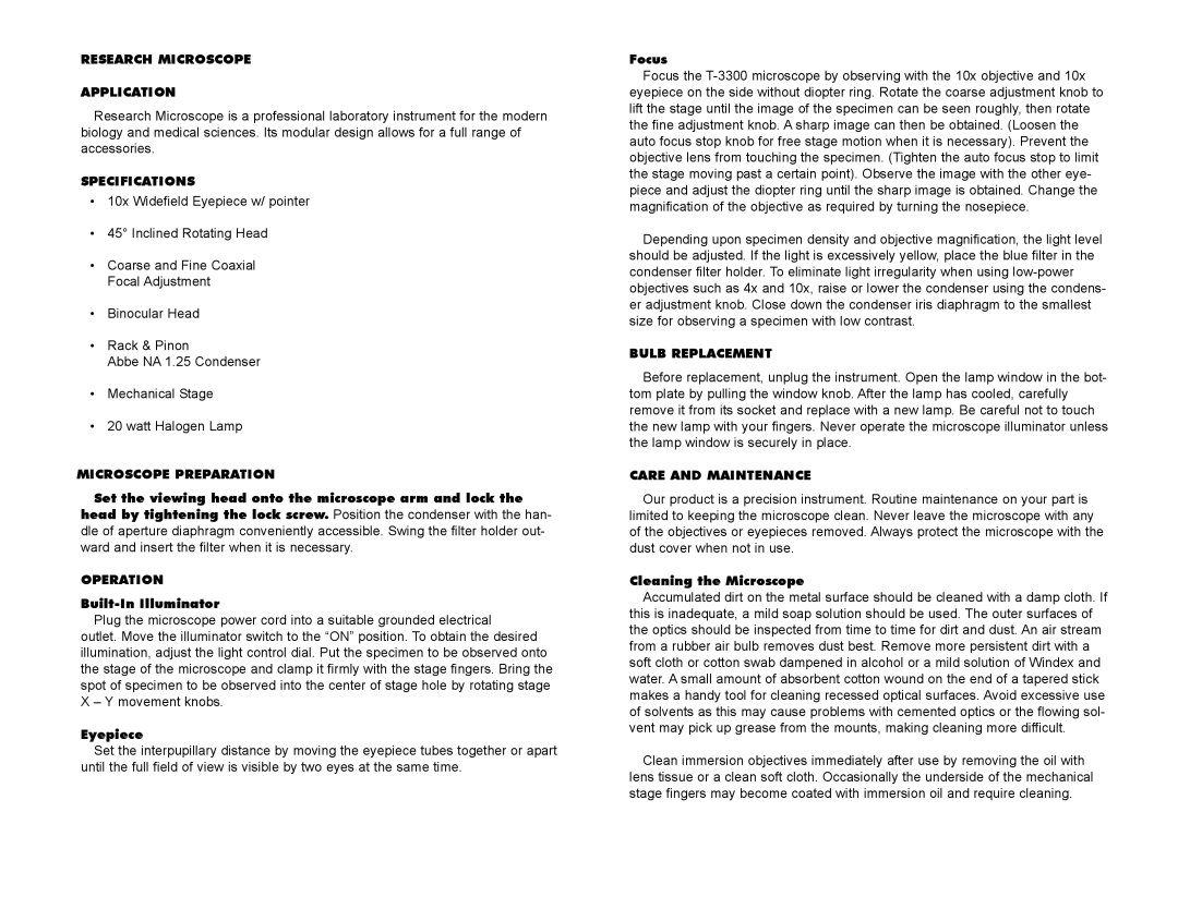 Ken-A-Vision INS-SC15 Research Microscope Application, Specifications, Microscope Preparation, Operation, Bulb Replacement 