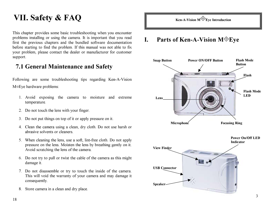 Ken-A-Vision m2013 user manual VII. Safety & FAQ, General Maintenance and Safety, Parts of Ken-A-Vision M Eye 