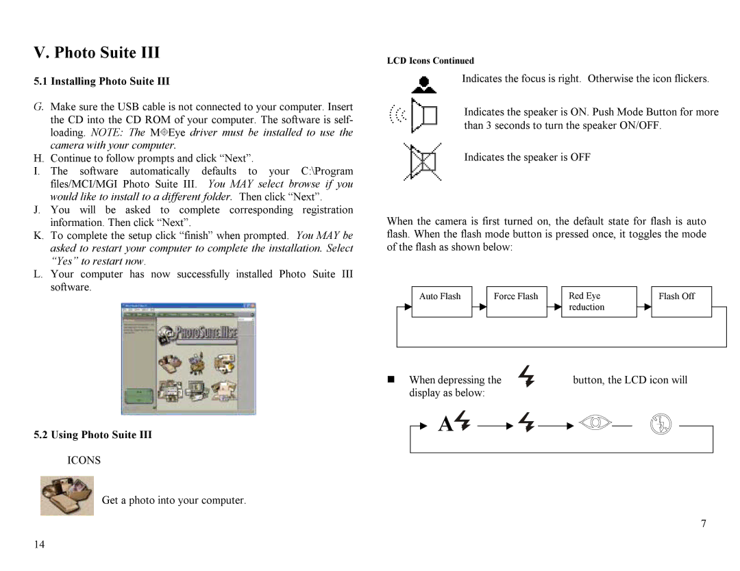 Ken-A-Vision m2013 user manual Installing Photo Suite, Using Photo Suite III Icons 