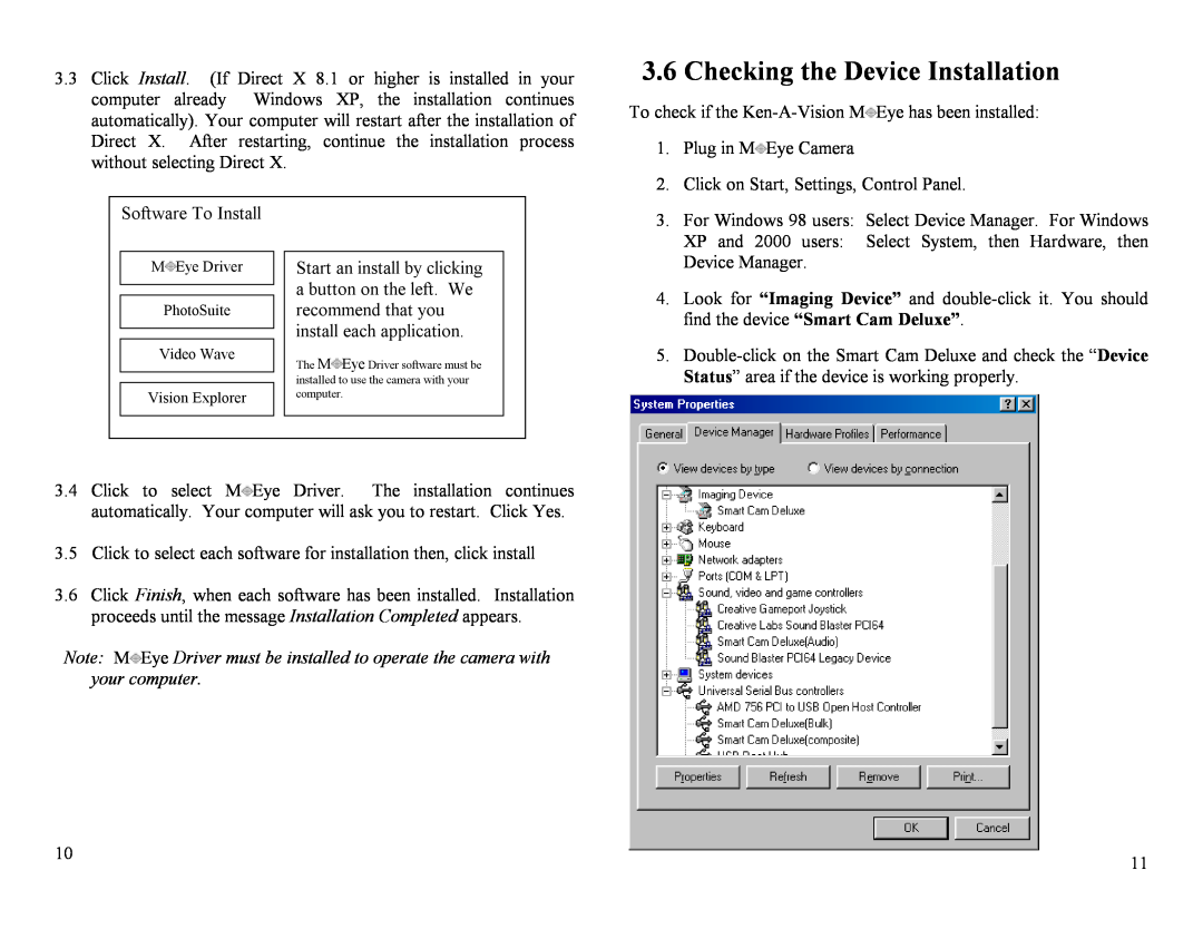 Ken-A-Vision m2013 user manual Checking the Device Installation, find the device “Smart Cam Deluxe” 