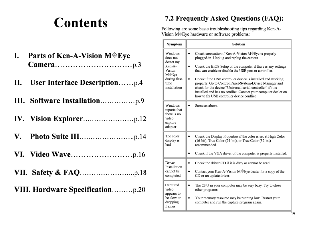 Ken-A-Vision m2013 user manual Contents, Frequently Asked Questions FAQ, II. User Interface Description……p.4 