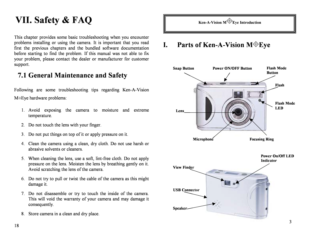 Ken-A-Vision m2013 user manual VII. Safety & FAQ, General Maintenance and Safety, I. Parts of Ken-A-Vision MEye 