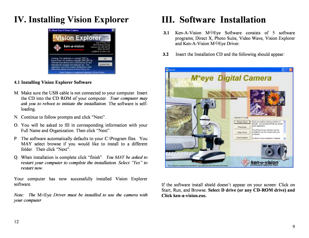 Ken-A-Vision m2013 user manual III. Software Installation, Installing Vision Explorer Software, Click ken-a-vision.exe 