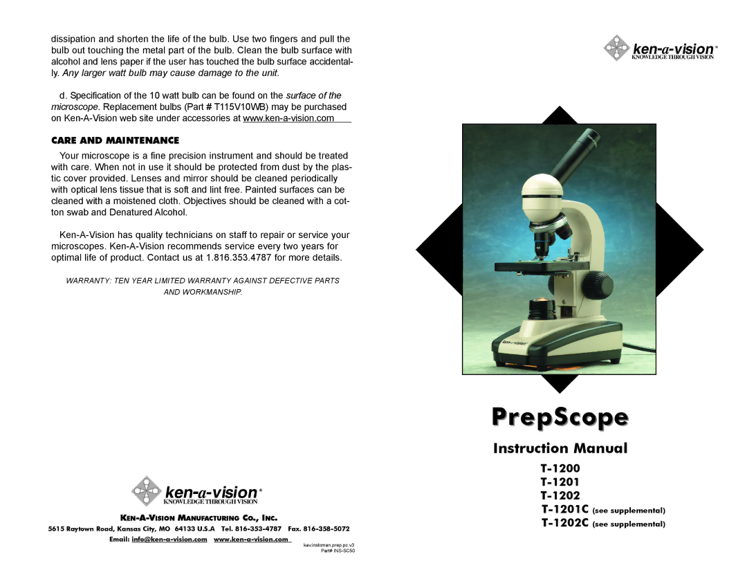 Ken-A-Vision T-1201C, T-1202C, T-1200 instruction manual PrepScope, 1200 1201 1202, Care and Maintenance 