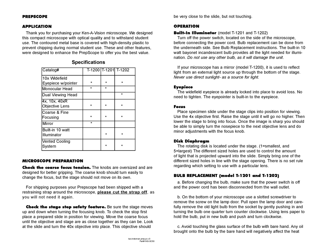 Ken-A-Vision T-1202C, T-1201C, T-1200 Specifications, Prepscope Application, Microscope Preparation, Operation 