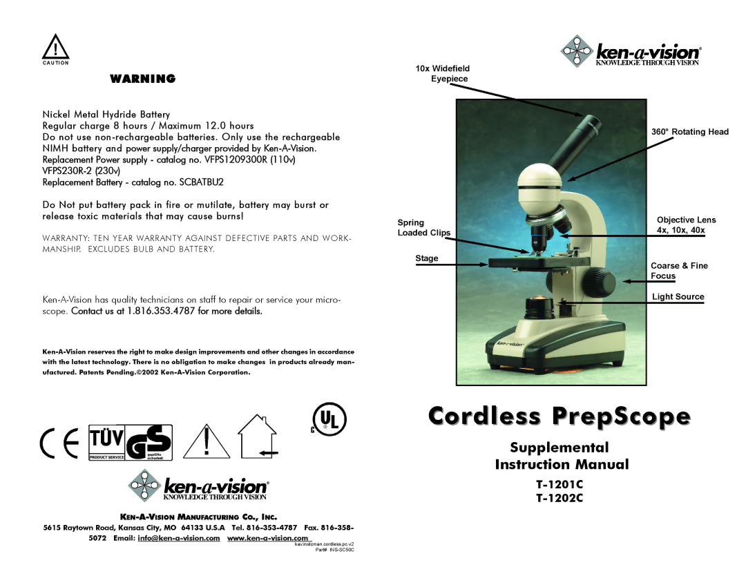 Ken-A-Vision T-1201C, T-1202C instruction manual Cordless PrepScope, Supplemental, 1201C 1202C 