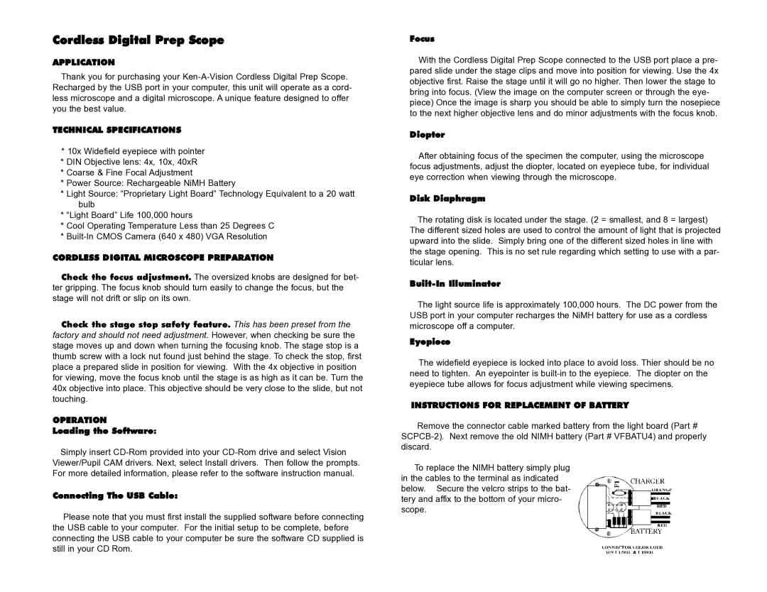 Ken-A-Vision t-1252c Application, Technical Specifications, Cordless Digital Microscope Preparation, Operation 