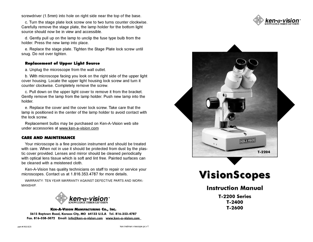 Ken-A-Vision T-2400, T-2200 series, T-2600 instruction manual VisionScopes, Series 2400 2600, Care and Maintenance 