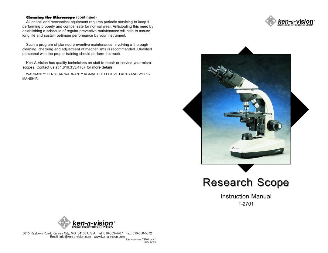 Ken-A-Vision T-2701 warranty Research Scope, Cleaning the Microscope 