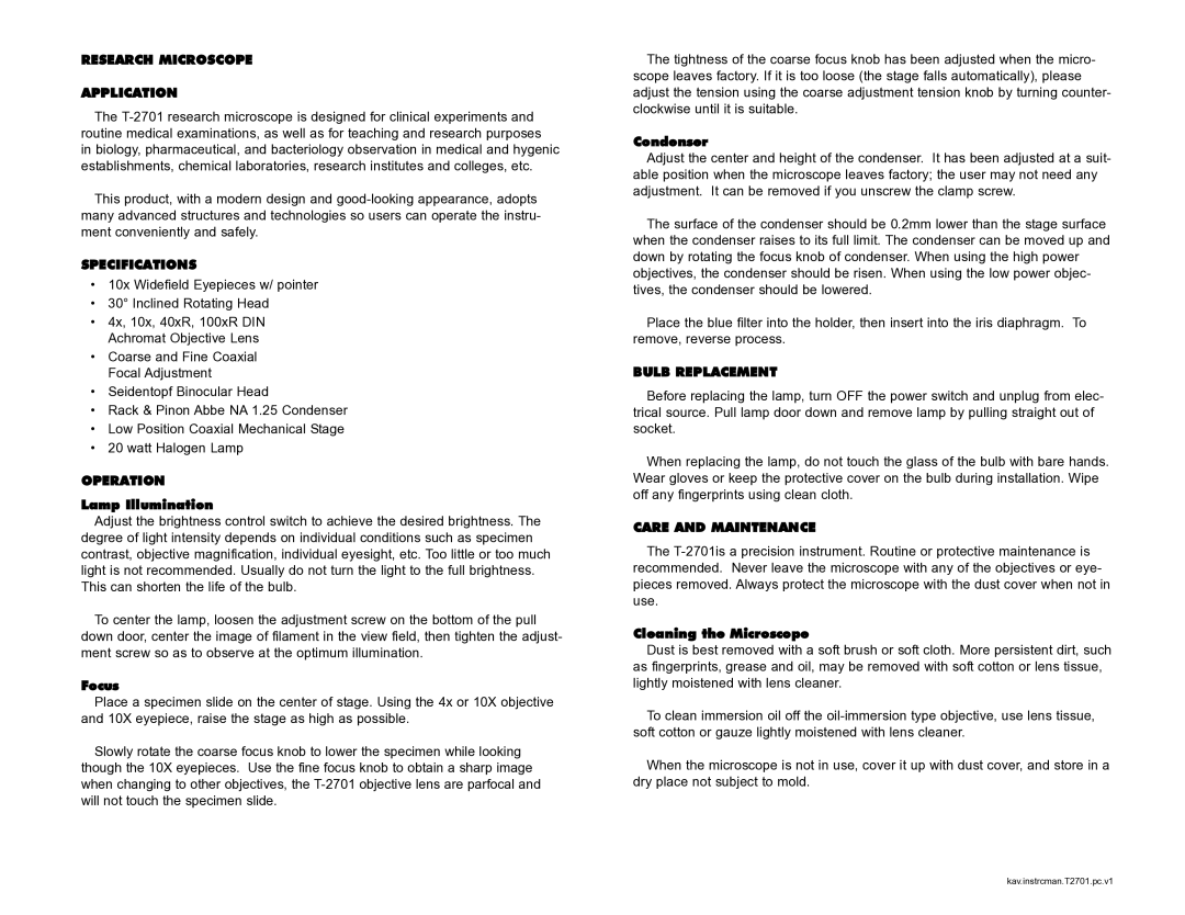 Ken-A-Vision T-2701 Research Microscope Application, Specifications, Operation, Bulb Replacement, Care and Maintenance 