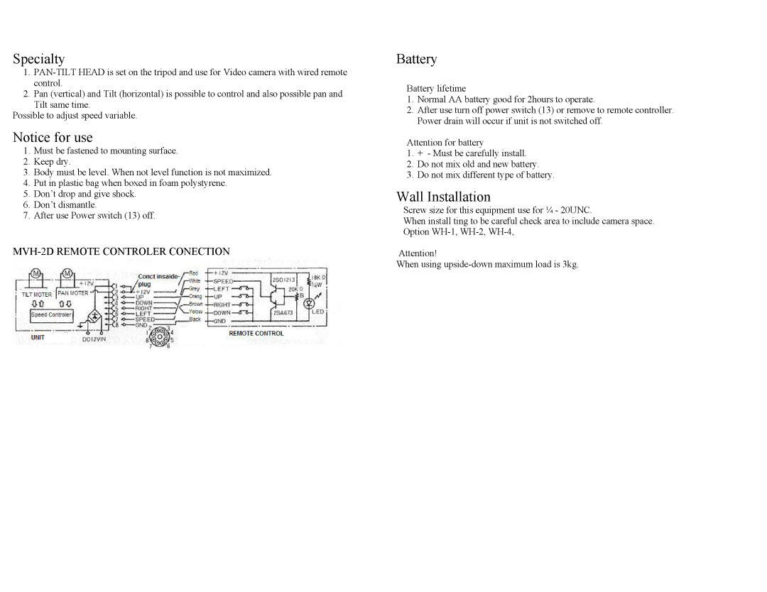 Kenko MVH-2D manual Specialty 