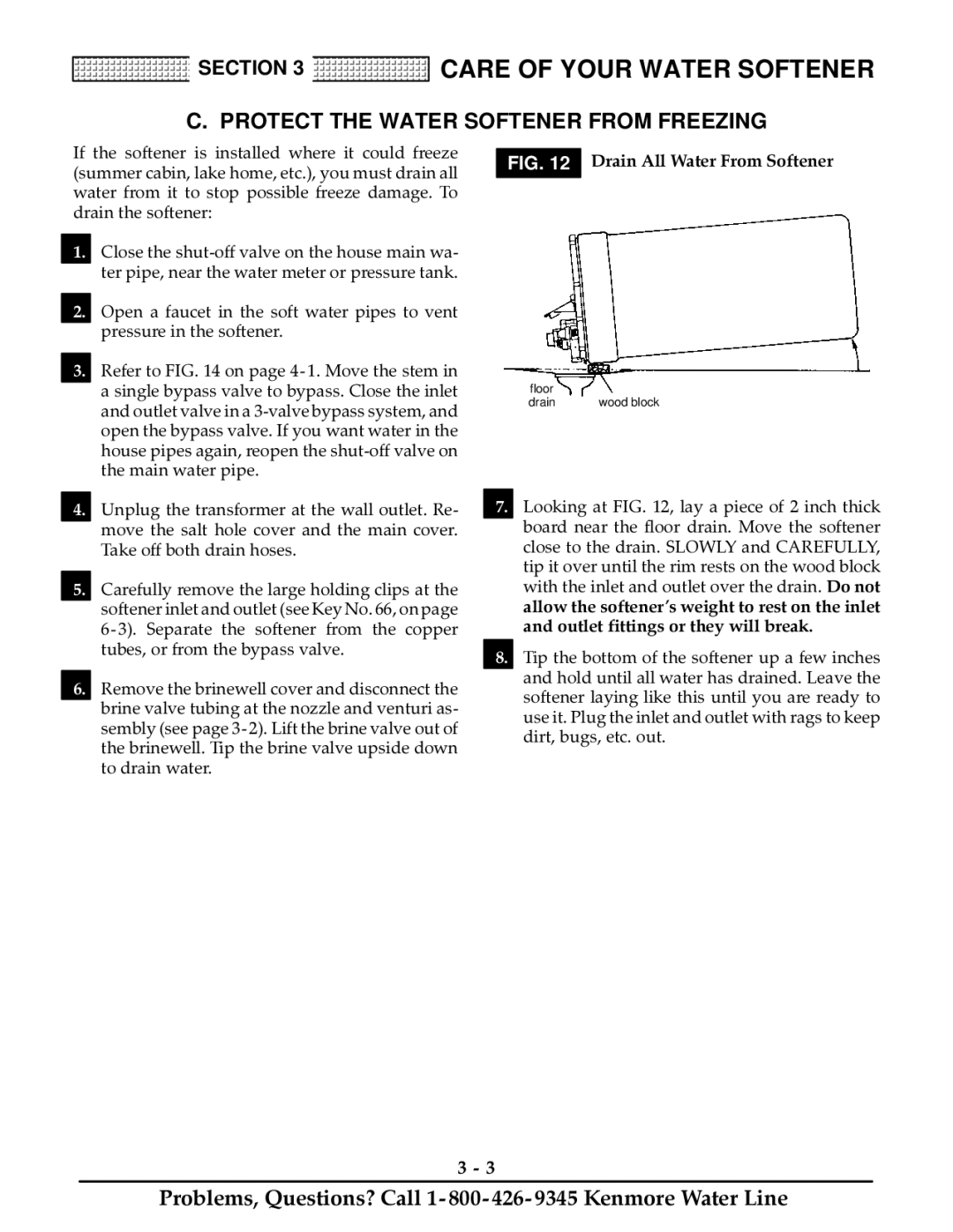 Kenmore 100, 150, 100 625.388150, 150 625.388160 Protect the Water Softener from Freezing, Udlq $OO Dwhu URP 6RIWHQHU 