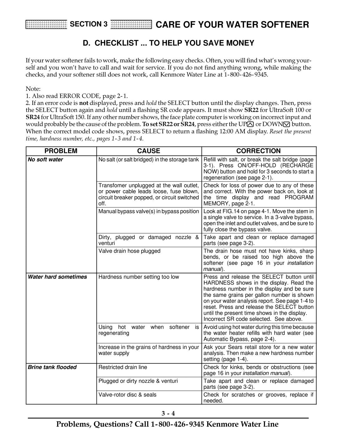 Kenmore 100 625.388150, 150 625.388160, 100, 150 owner manual Checklist ... to Help YOU Save Money, Problem Cause Correction 