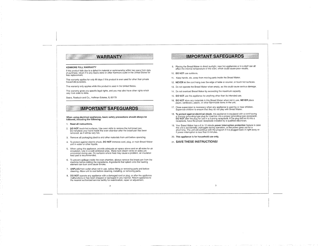 Kenmore 100.12934 manual Save These Instructions, Kenmore Full Warranty 