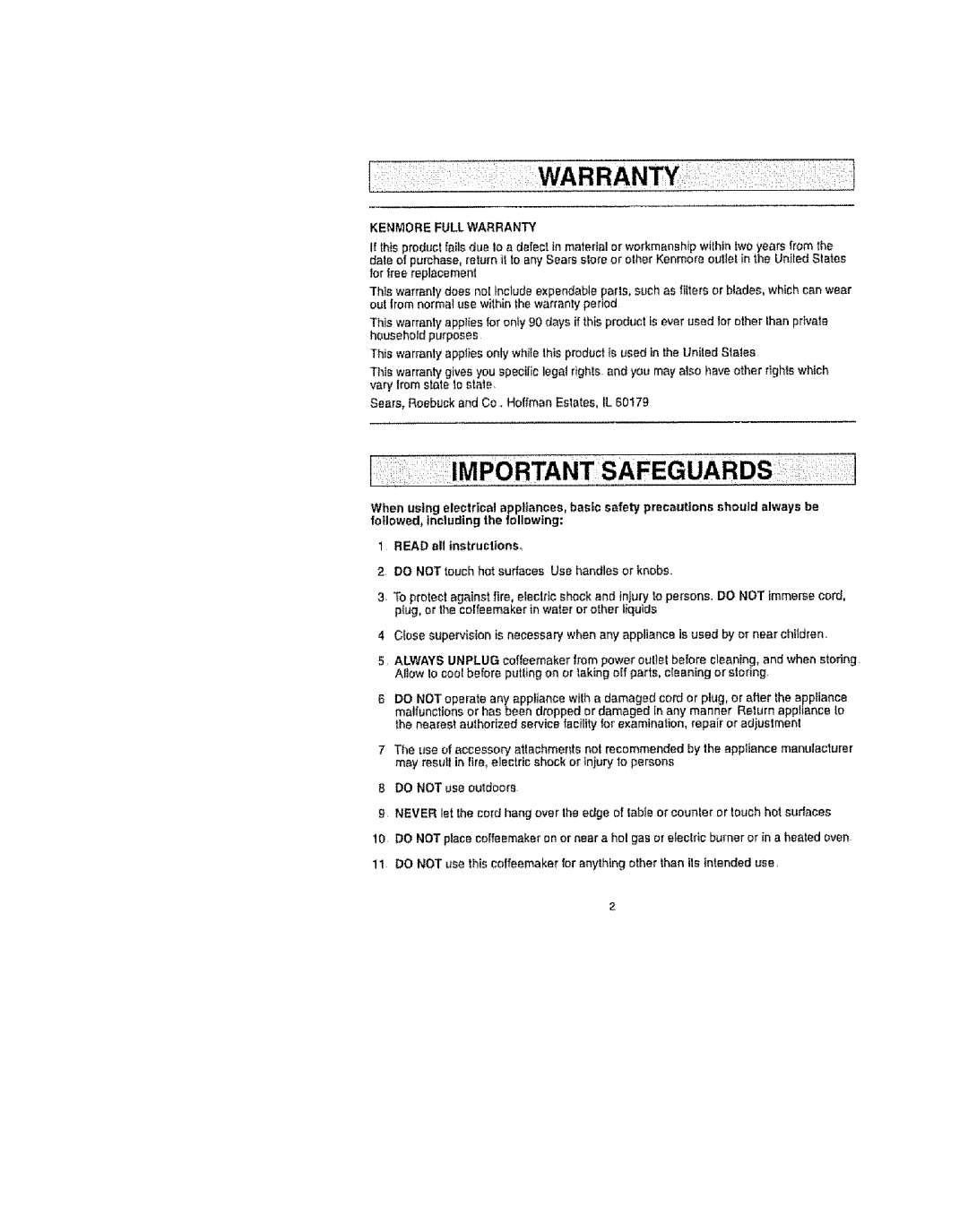 Kenmore 100.82006, 100.81006, 100.80006 manual Kenmore Full Warranty 