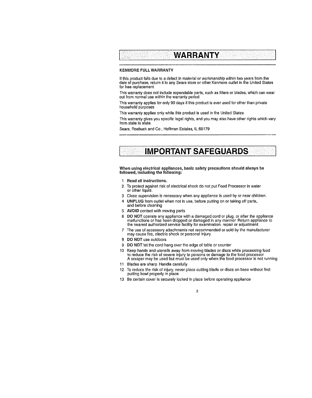 Kenmore 100.81002, 100.82002, 100.80002 manual Kenmore Full Warranty, Do not use outdoors 