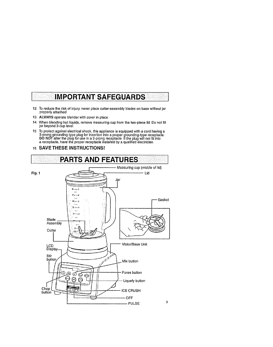 Kenmore 100.90001 manual 13, Always operate blender with cover in place, Lid 