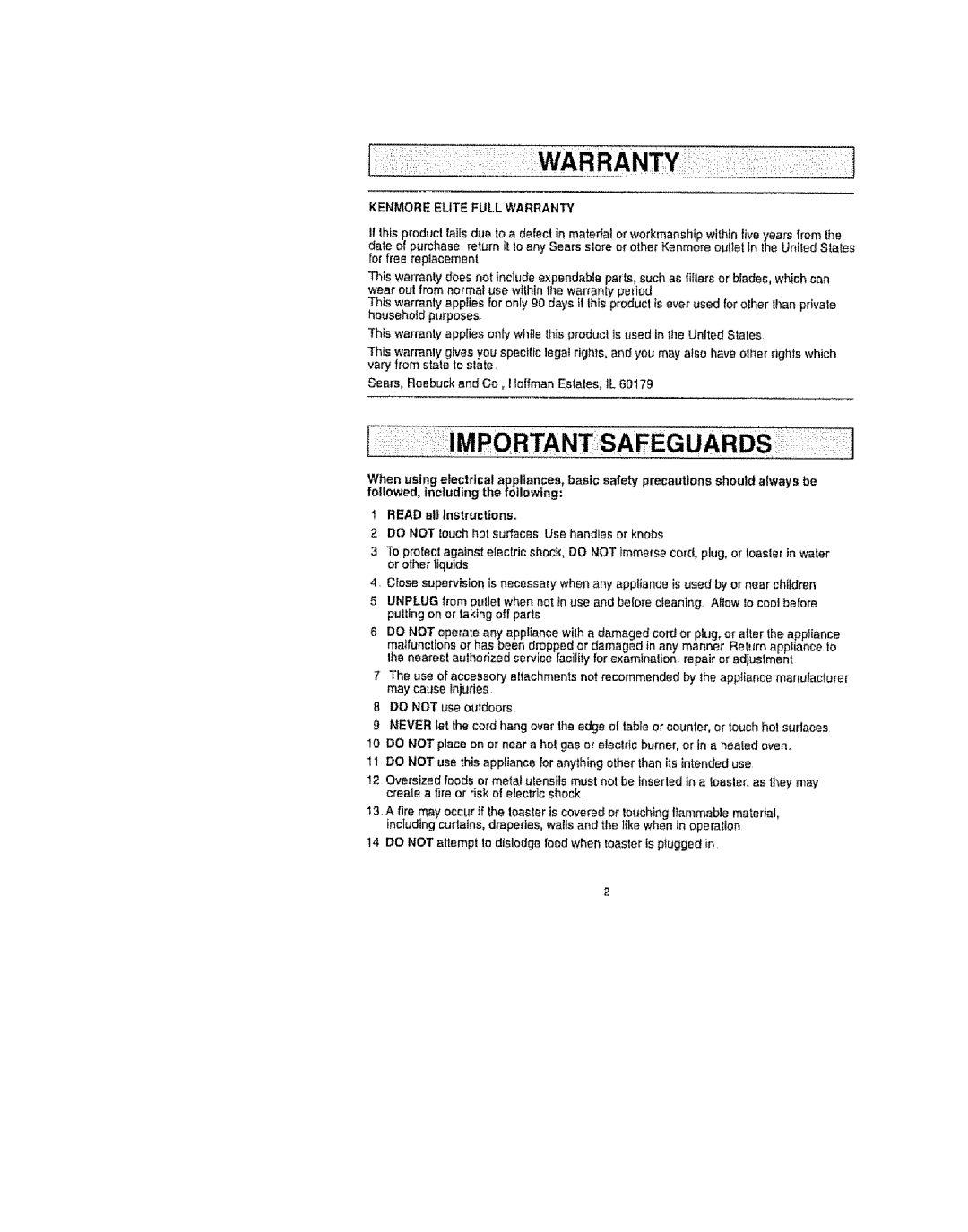 Kenmore 100.90003 manual Impo Rtant Safeguards, Kenmore Elite Full Warranty 