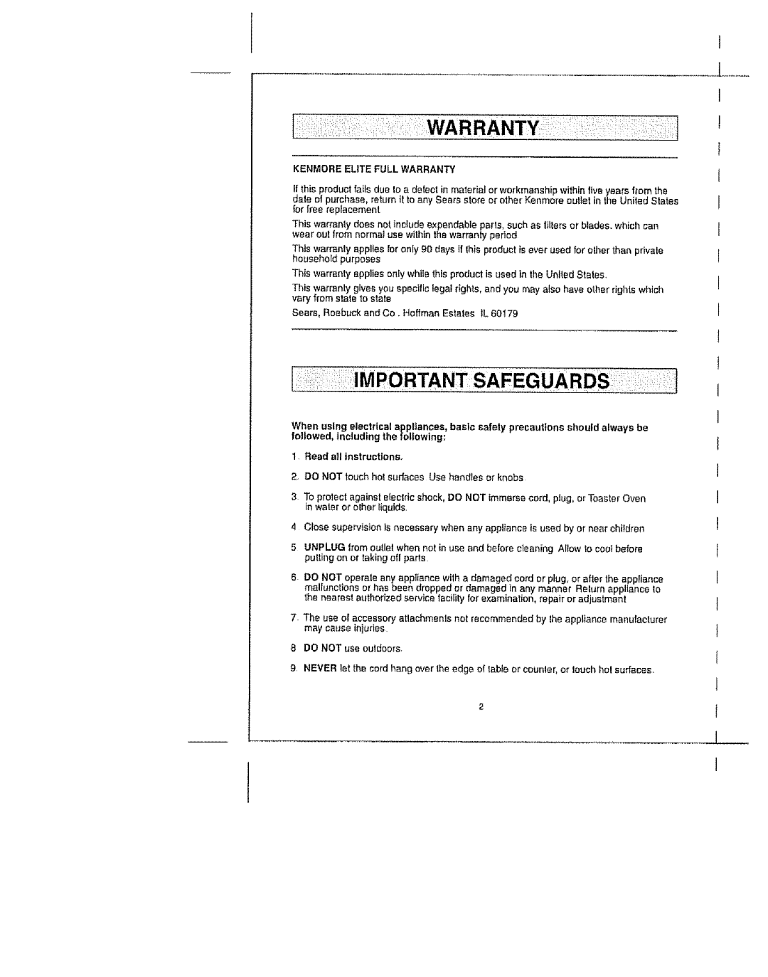 Kenmore 100.90005 manual Important Safeguards, Kenmore Elite Full Warranty 