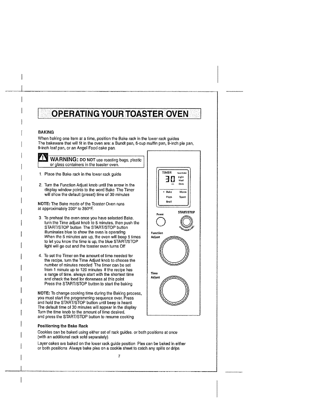 Kenmore 100.90005 manual Baking, Stait/Stop, Adiust0, Positioning the Bake Rack 