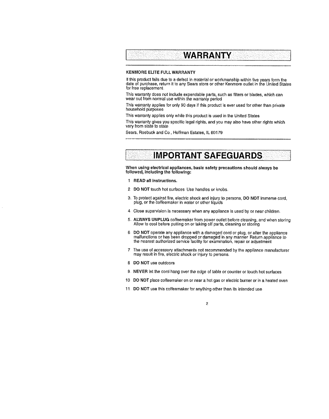 Kenmore 100.90006 operating instructions Iwarra, Kenmore Elite Full Warranty 