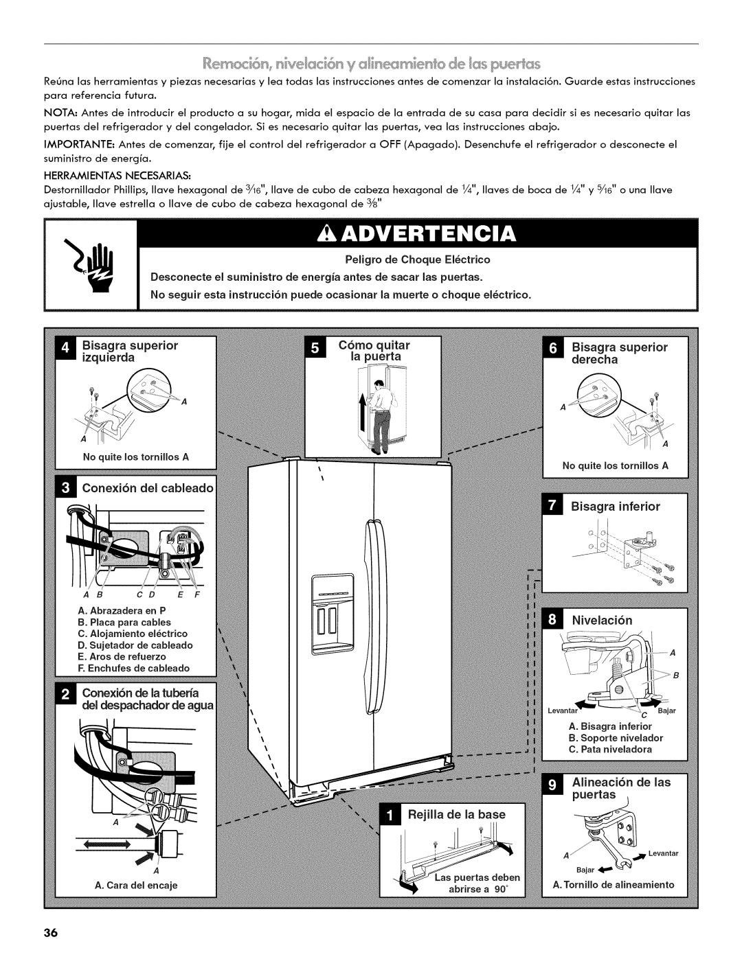 Kenmore 106.511800 manual Bisagra superior izquierda, Conexi6n dei cabieado, La puerta, Puertas Rejiiia de la base 