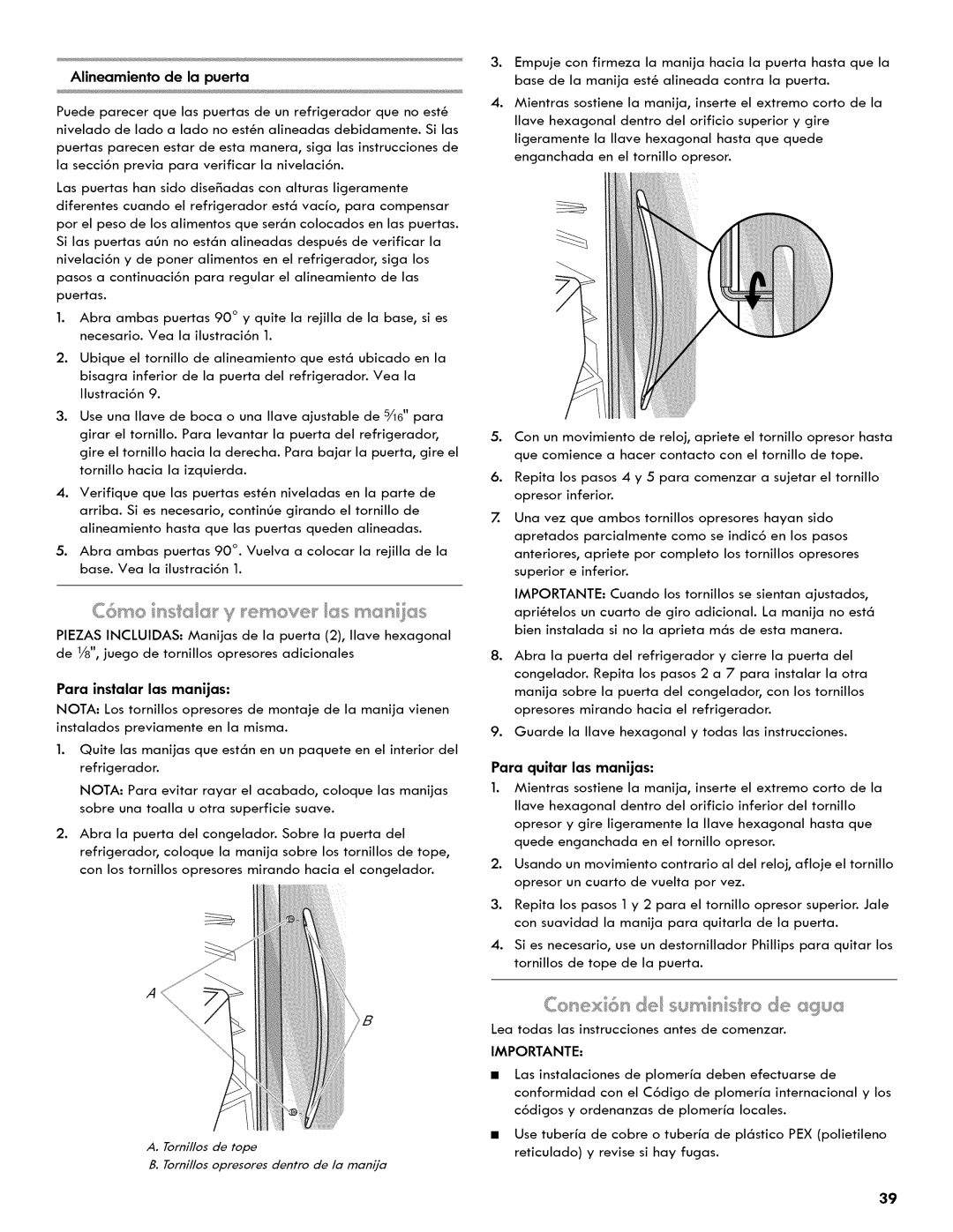 Kenmore 106.511800 manual Alineamiento de la puerta, Para instalar las manijas, Para quitar las manijas 