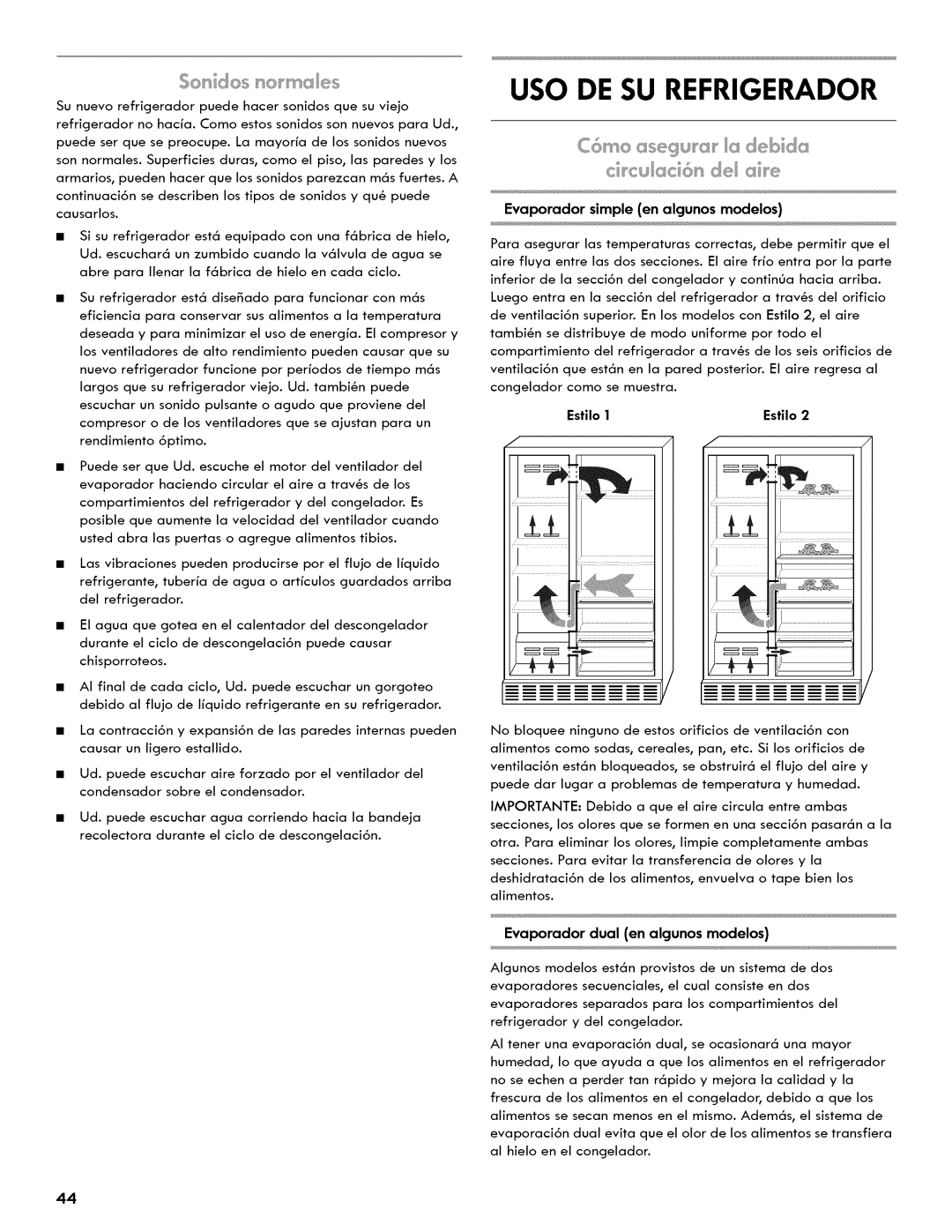 Kenmore 106.511800 manual So s dos, Evaporador simple en algunos modelos, Evaporador dual en alcjunos modelos 