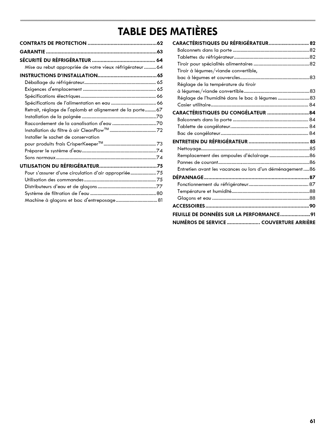 Kenmore 106.511800 manual Securite DU Refrigerateur, Instructions Dinstallation, DU Congelateur, Entretien DU Refrigerateur 