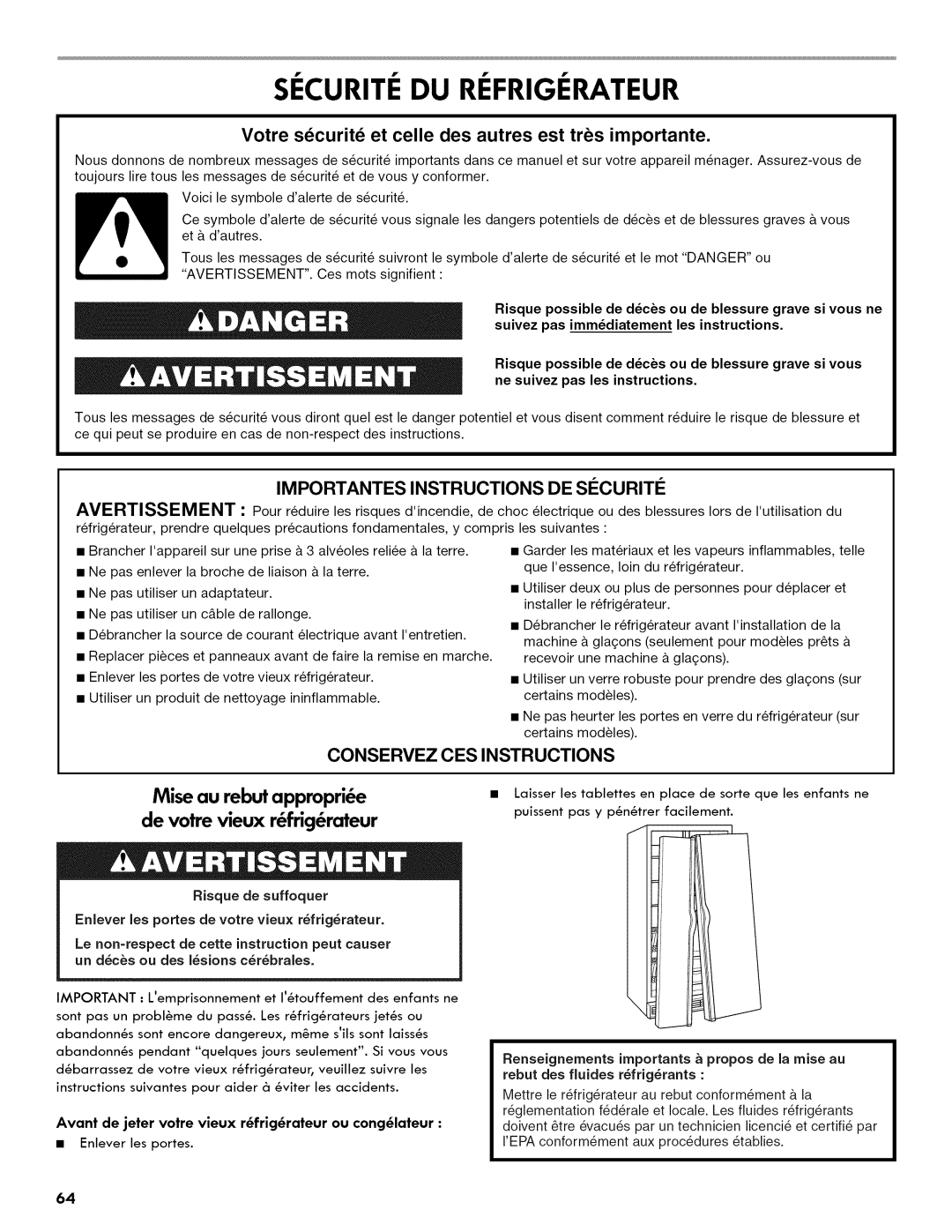 Kenmore 106.511800 Securite DU Refrigerateur, Des Isions Crbrales, Avant de jeter Votre vieux R6frig6rateur ou cong61ateur 