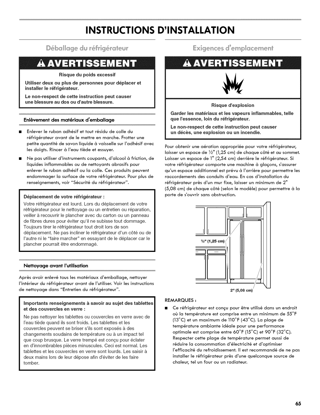 Kenmore 106.511800 manual Instructions Dinstallation, Enlvement des mat6riaux demballage, Risque dexplosion, Remarques 