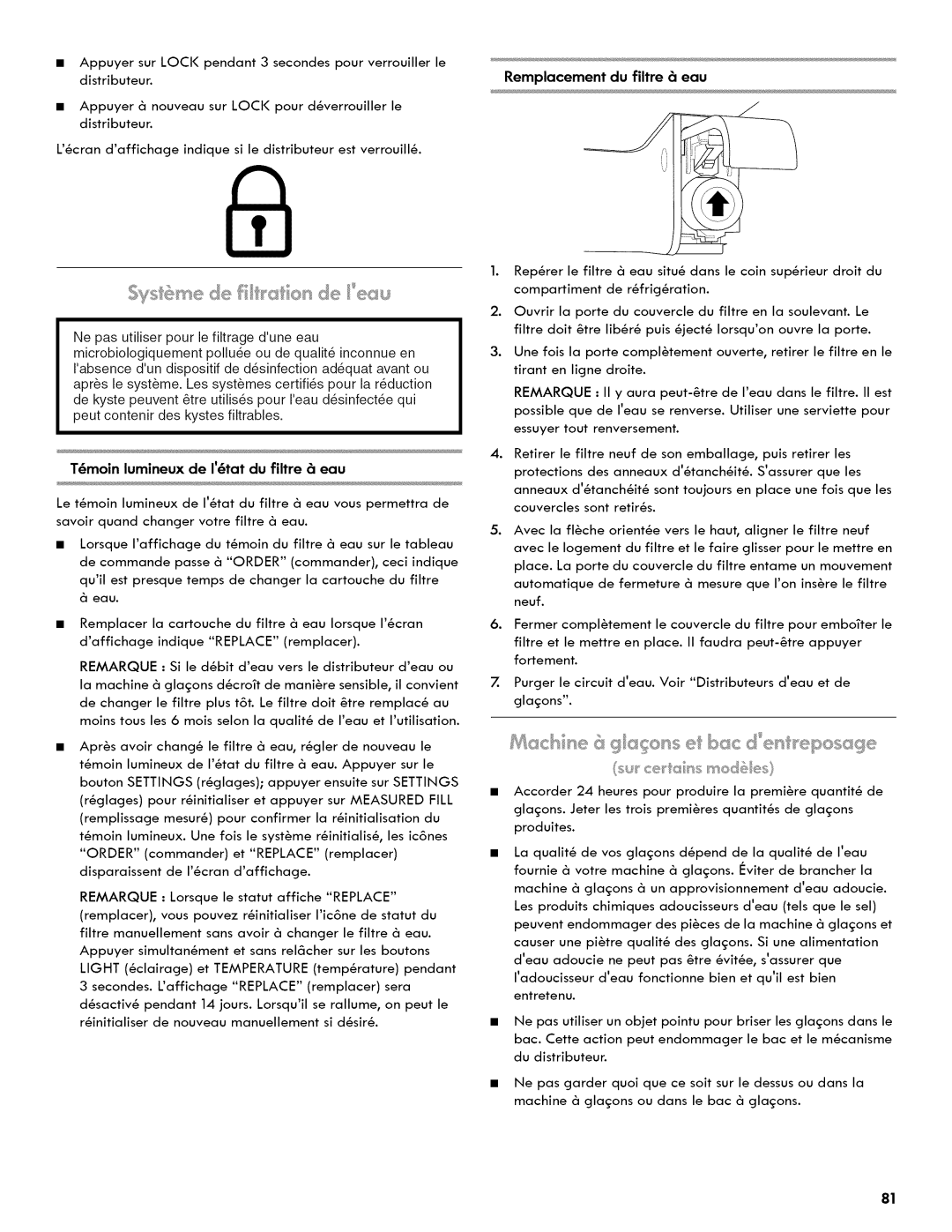 Kenmore 106.511800 manual Remplacement du filtre eau 