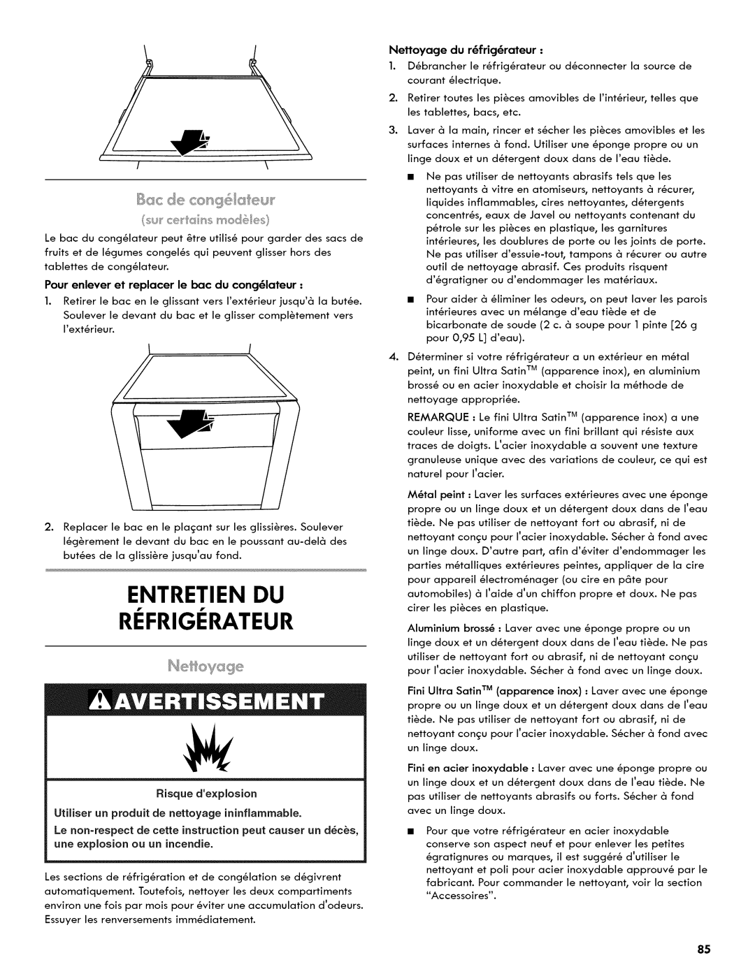 Kenmore 106.511800 Entretien DU Refrigerateur, Pour enlever et replacer le bac du cong61ateur, Nettoyage du r6frig6rateur 