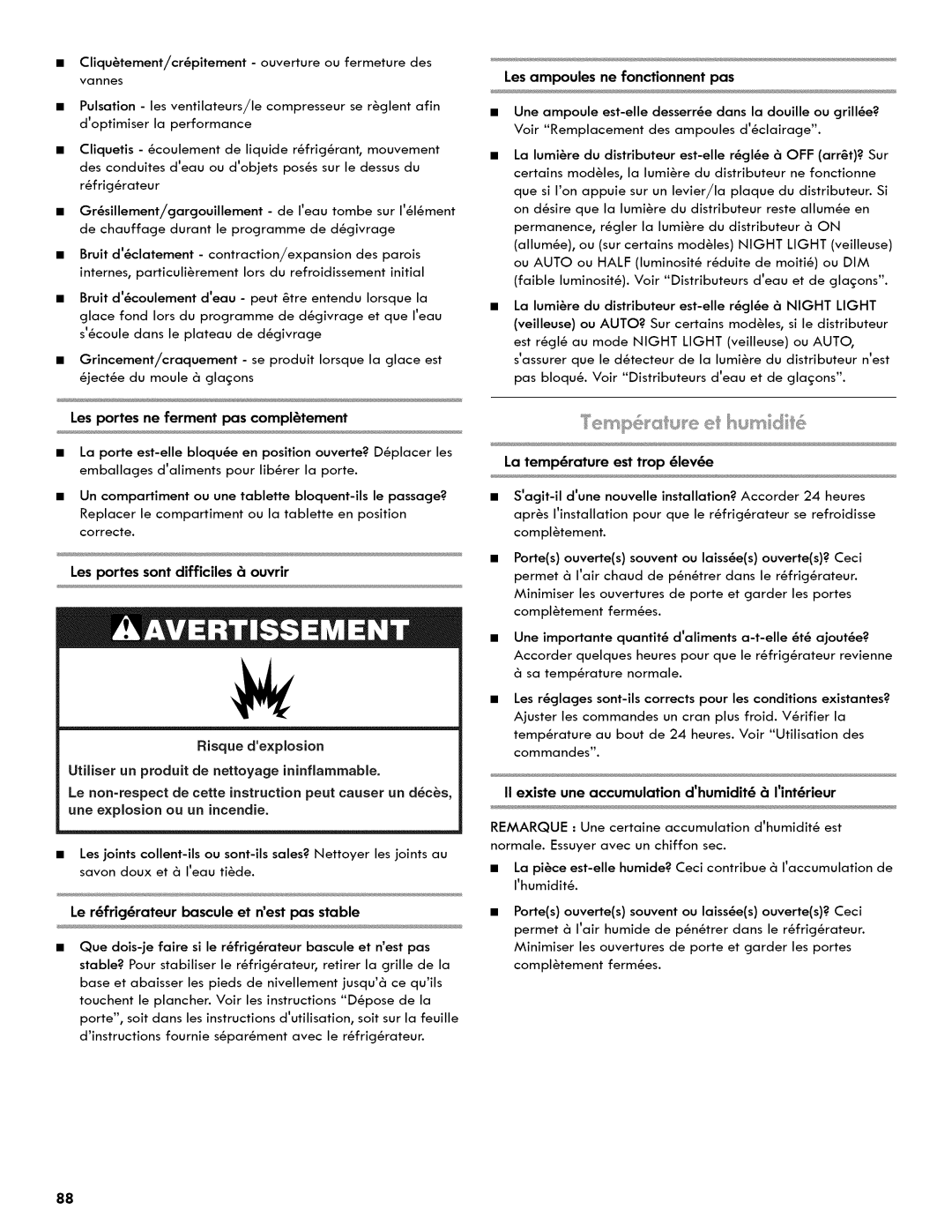 Kenmore 106.511800 manual La temperature est trop leve, Le r6frig6rateur bascule et nestpas stable 