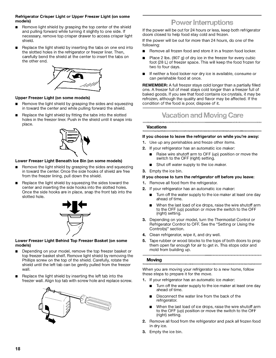 Kenmore 10653272300 manual Upper Freezer Light on some models, Lower Freezer Light Beneath Ice Bin on some models, Moving 