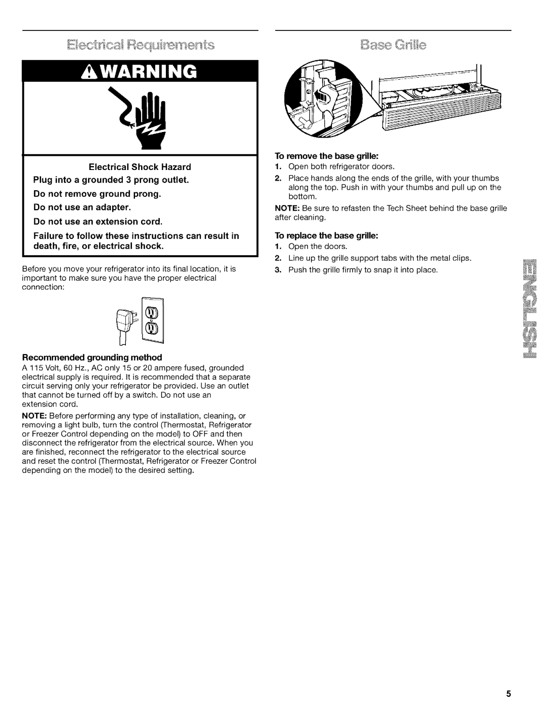 Kenmore 10653569200, 10653272301 manual To remove the base grille, To replace the base grille, Recommended grounding method 