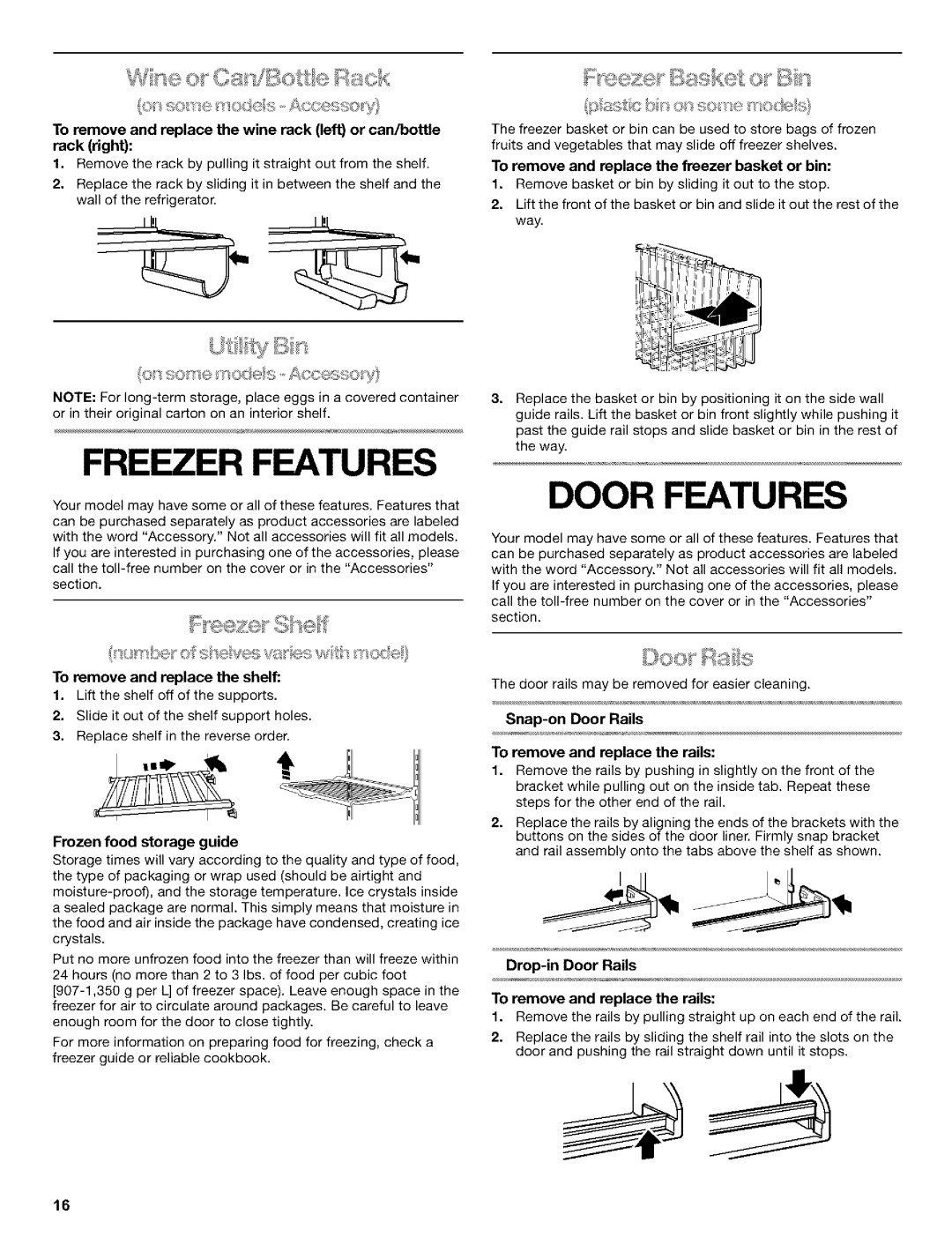 Kenmore 10652762100 Door Features, Ca JB< Ate, o s sxSes-Accessoy, TO remove and replace the freezer basket or bin 