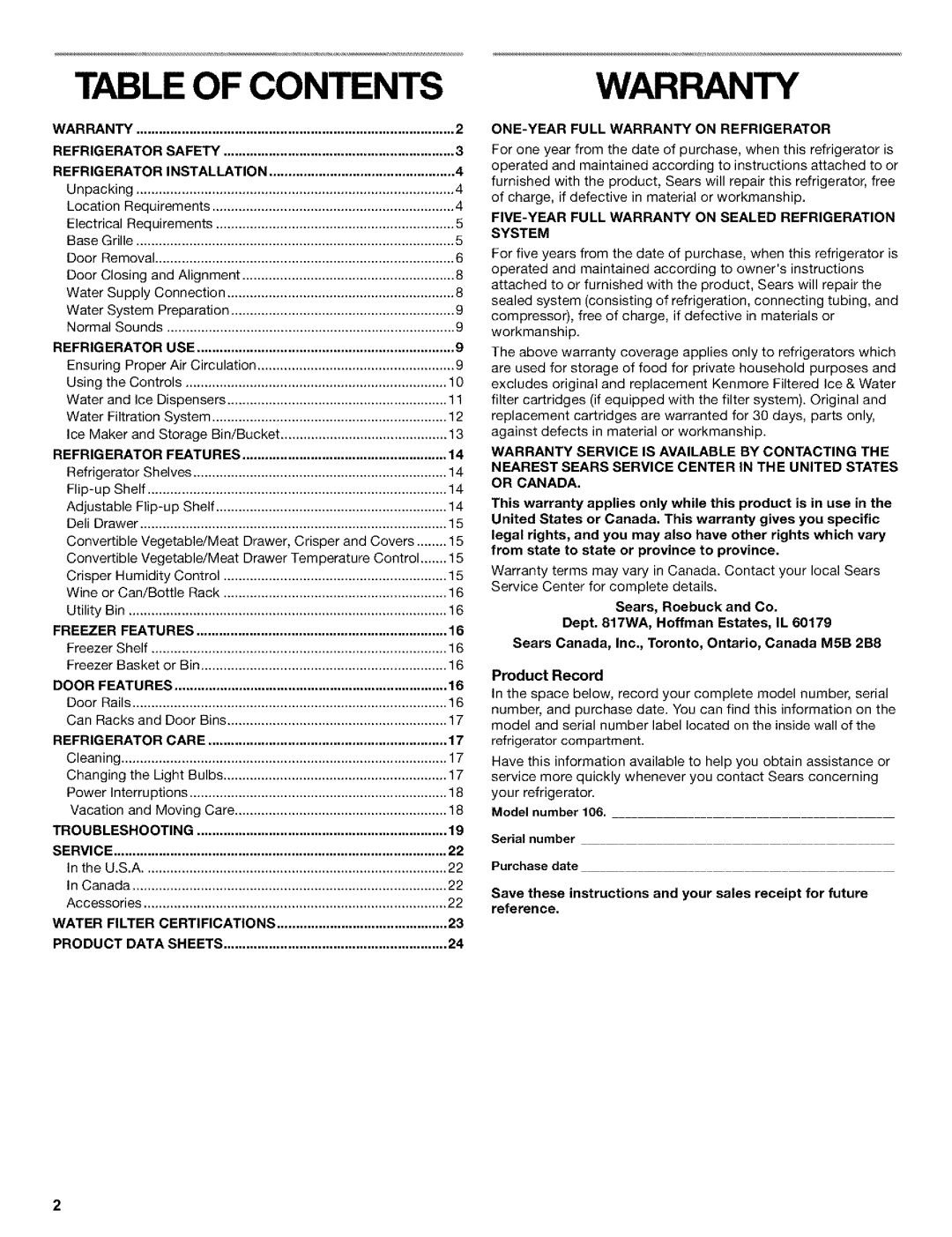 Kenmore 2220694 Table Of Contents, Product, One-Year Full Warranty On Refrigerator, System, Sears, Roebuck and Co 