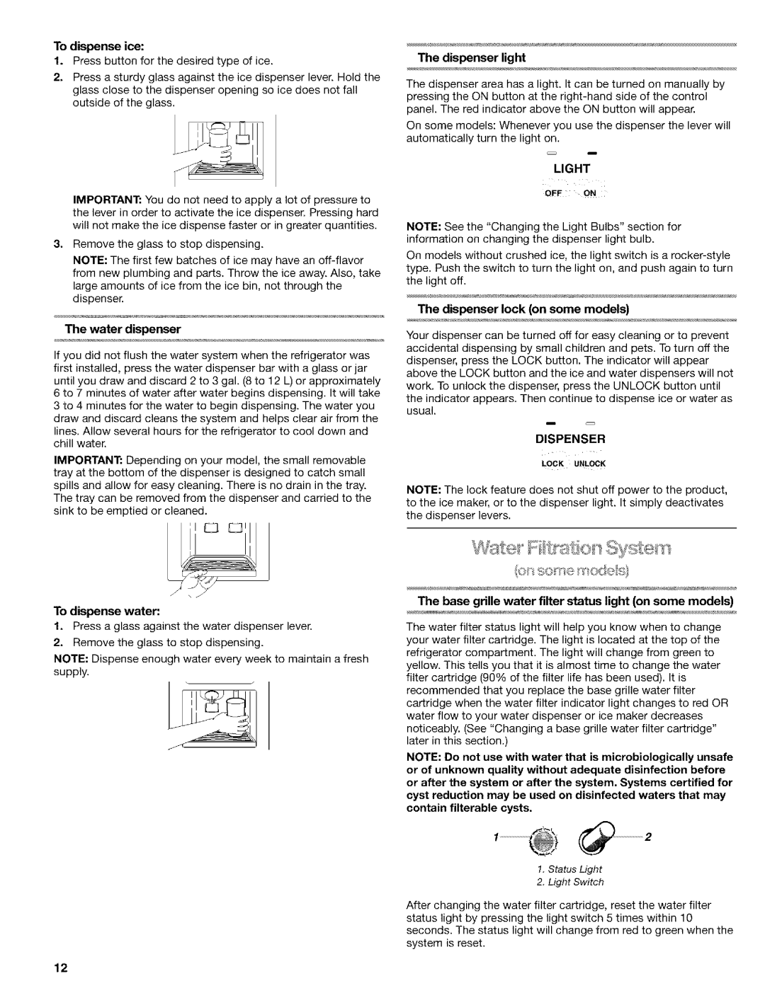 Kenmore 2260872 manual To dispense ice, Water dispenser, To dispense water, Dispenser light, Dispenser lock on some models 