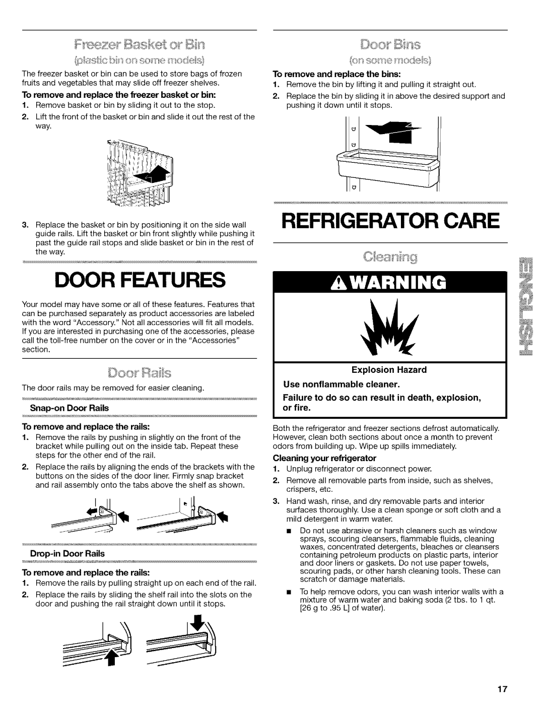 Kenmore 10653094300, 10653392300, 2260872 To remove and replace the freezer basket or bin, To remove and replace the bins 