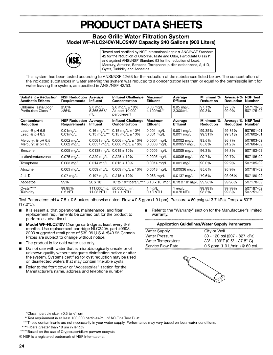 Kenmore 10653532300, 10653392300, 10653394300, 2260872 Product Data Sheets, Application Guidelines/Water Supply Parameters 