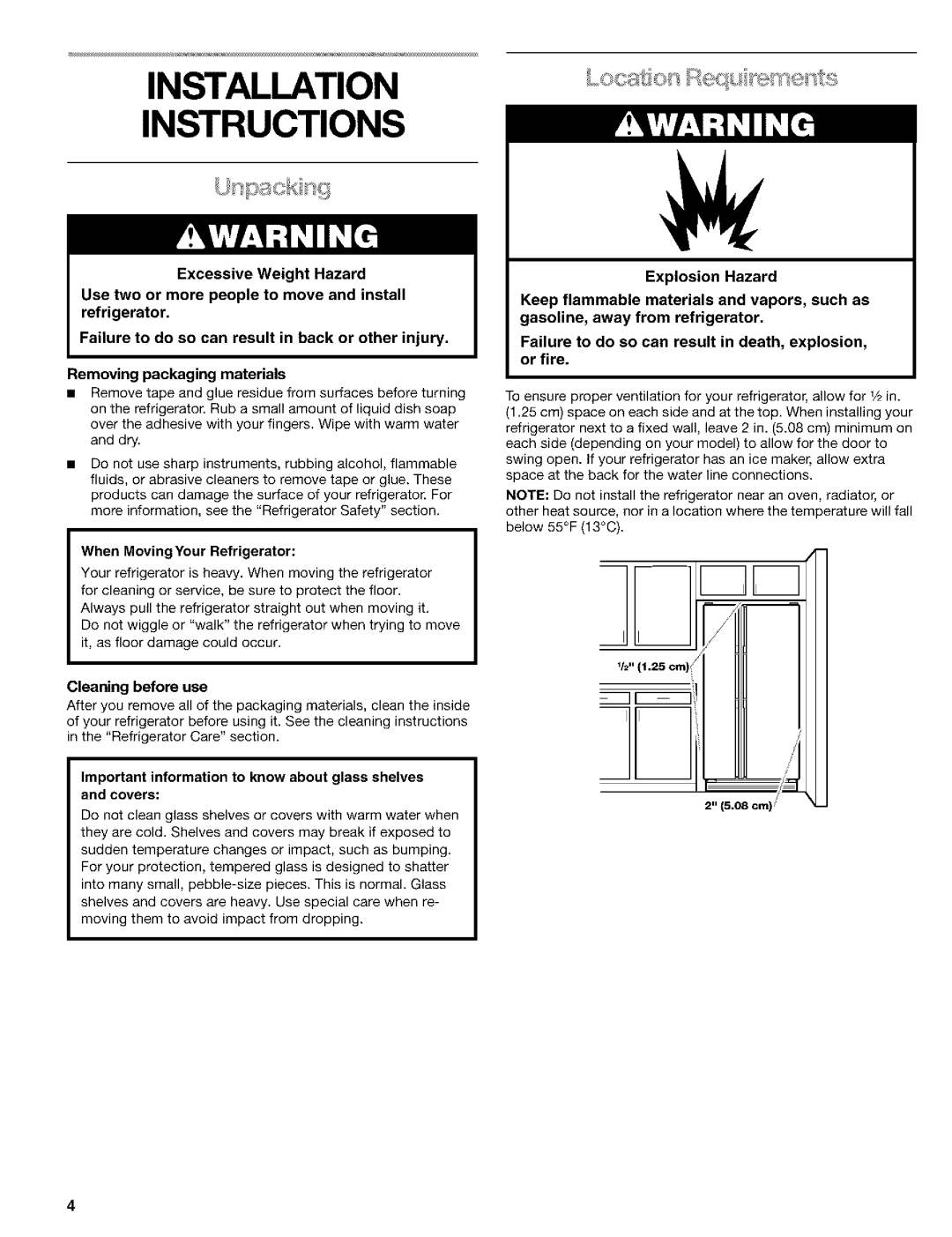 Kenmore 10653084300, 2260872 Installation Instructions, 1ti, Removing packaging materials, When Moving Your Refrigerator 