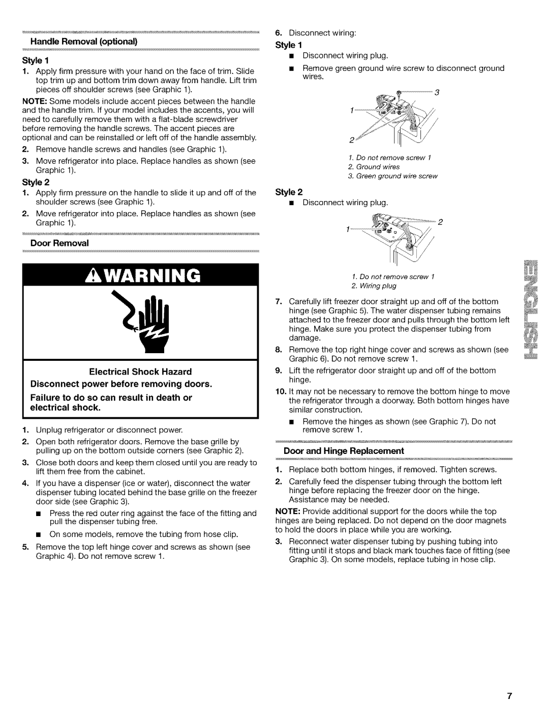 Kenmore 10653082300 manual Disconnect wiring plug, Handle Removal optional Style, Door Removal, Door and Hinge Replacement 