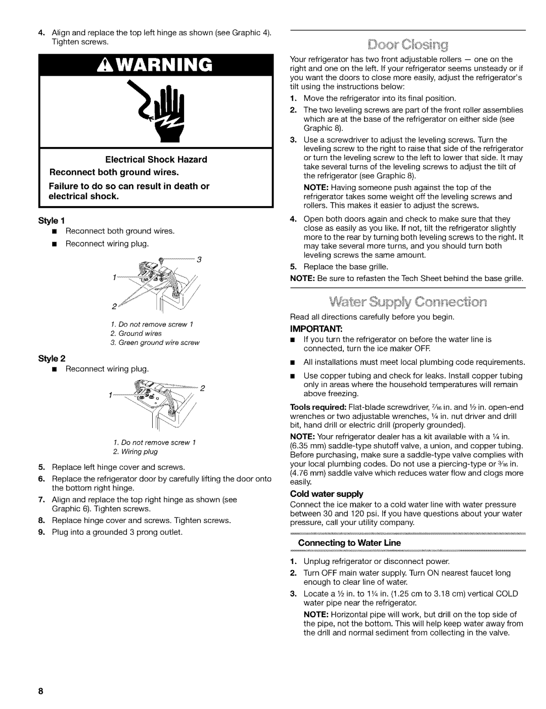 Kenmore 10653094300, 10653392300, 10653394300, 2260872 Reconnect wiring plug, Cold water supply, Connecting to Water Line 