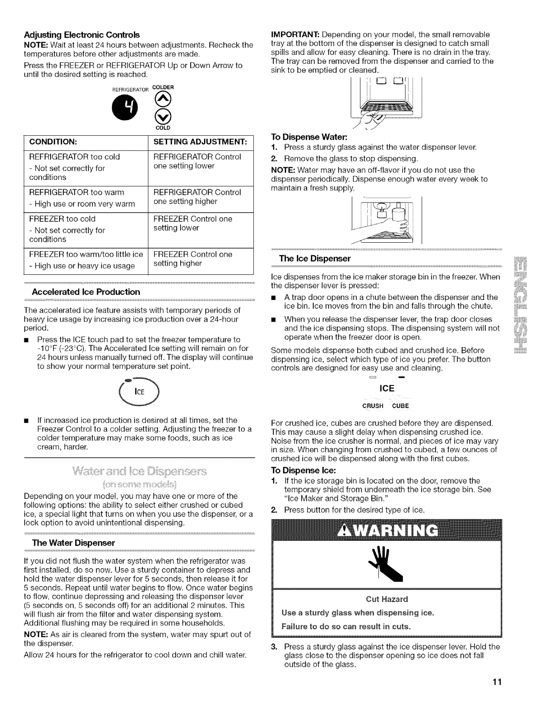 Kenmore 10656833603, 106.57022601, 10656834603, 10656832603, 10656863601, 10656866601 manual Condition Setting Adjustment, Ice 