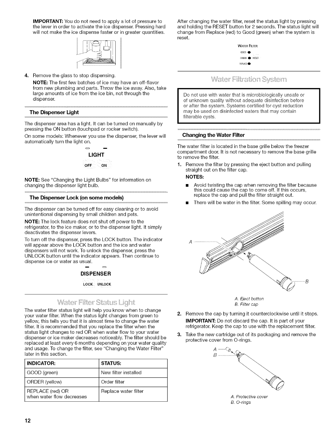 Kenmore 10656824603, 106.57022601 manual Dispenser Light, Dispenser Lock on some models, Indicator, Eject button Filter cap 