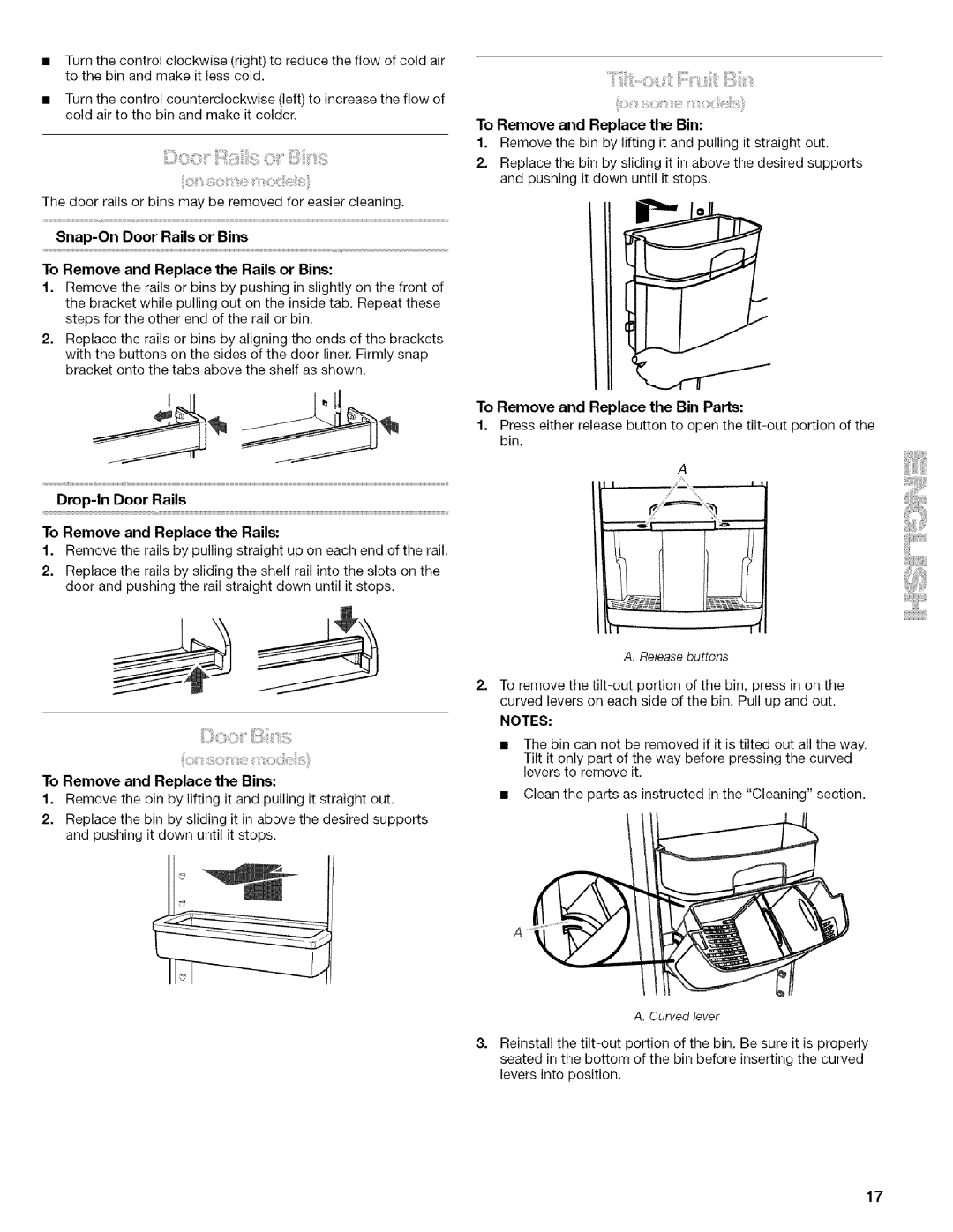 Kenmore 10656834603, 106.57022601 manual Drop-In Door Rails To Remove and Replace the Rails, To Remove and Replace the Bins 